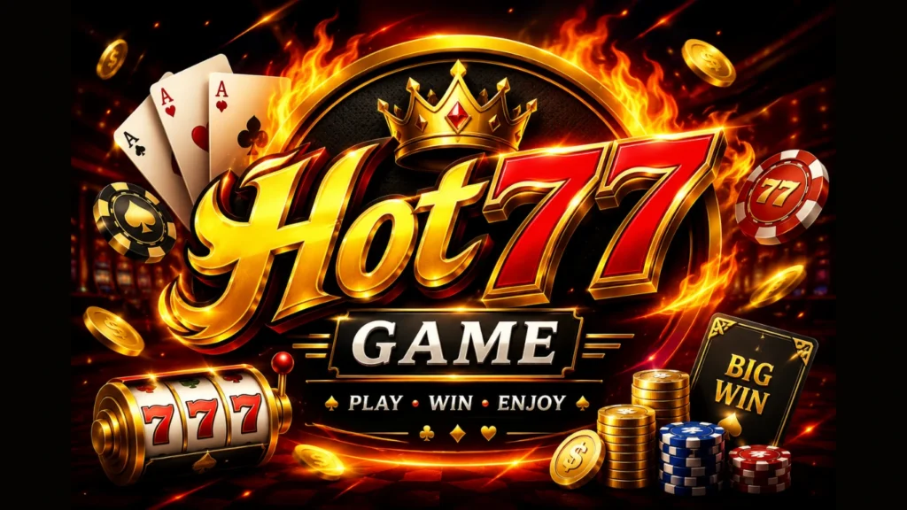 Hot77 Game logo with golden crown, red and gold 77 text, playing cards, coins, poker chips, and reward symbols