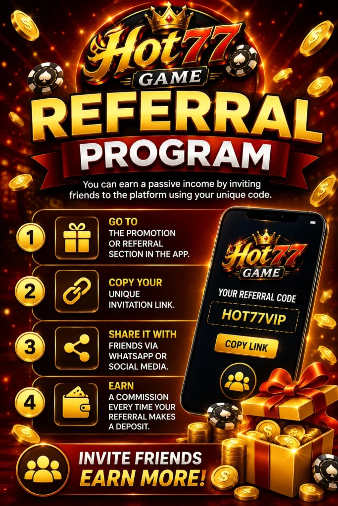 Hot77 Game referral program guide showing how to invite friends, share referral links, and access referral rewards