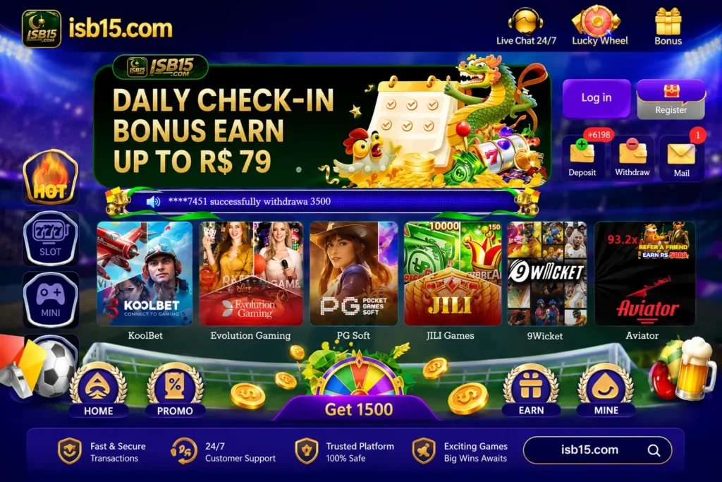 ISB15 Game official homepage with daily bonus, JILI slots, Aviator and live casino games for Pakistani players