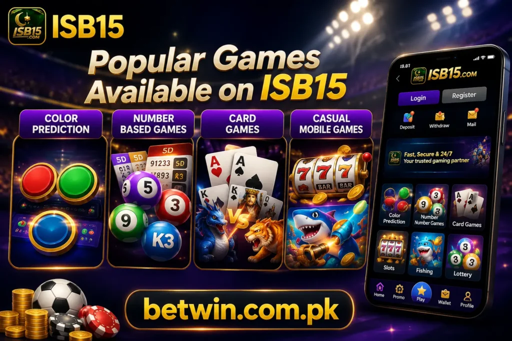 ISB15 Game popular games including color prediction, number games, card games and slots available on isb15.com for Pakistani players