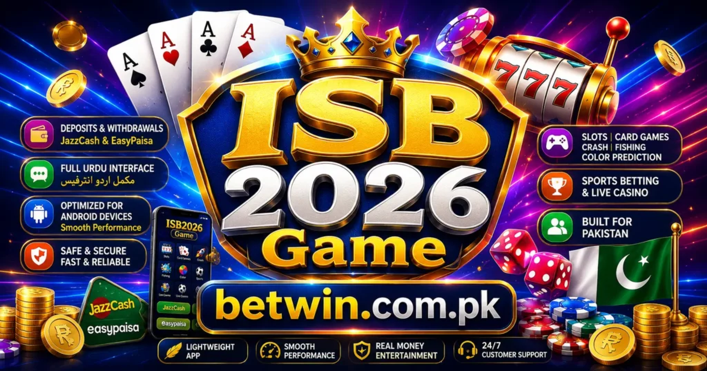 ISB2026 Game launch promotion banner featuring cards, slot reels, chips and gaming elements for Pakistani players