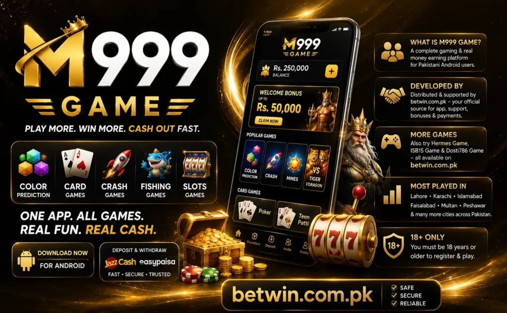M999 Game app interface showing color prediction crash and card games Pakistan 2026