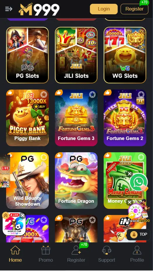M999 Game app slots screen showing PG Jili and WG game categories Pakistan 2026