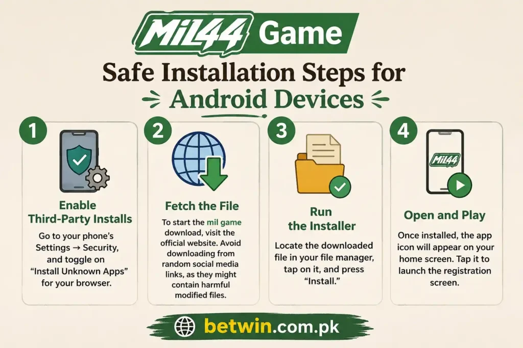MIL44 Game safe installation steps infographic for Android devices in Pakistan