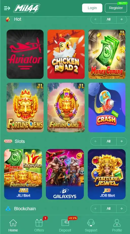 MIL44 Game dashboard screenshot showing Aviator, Fortune Gems, and slot games for Pakistan