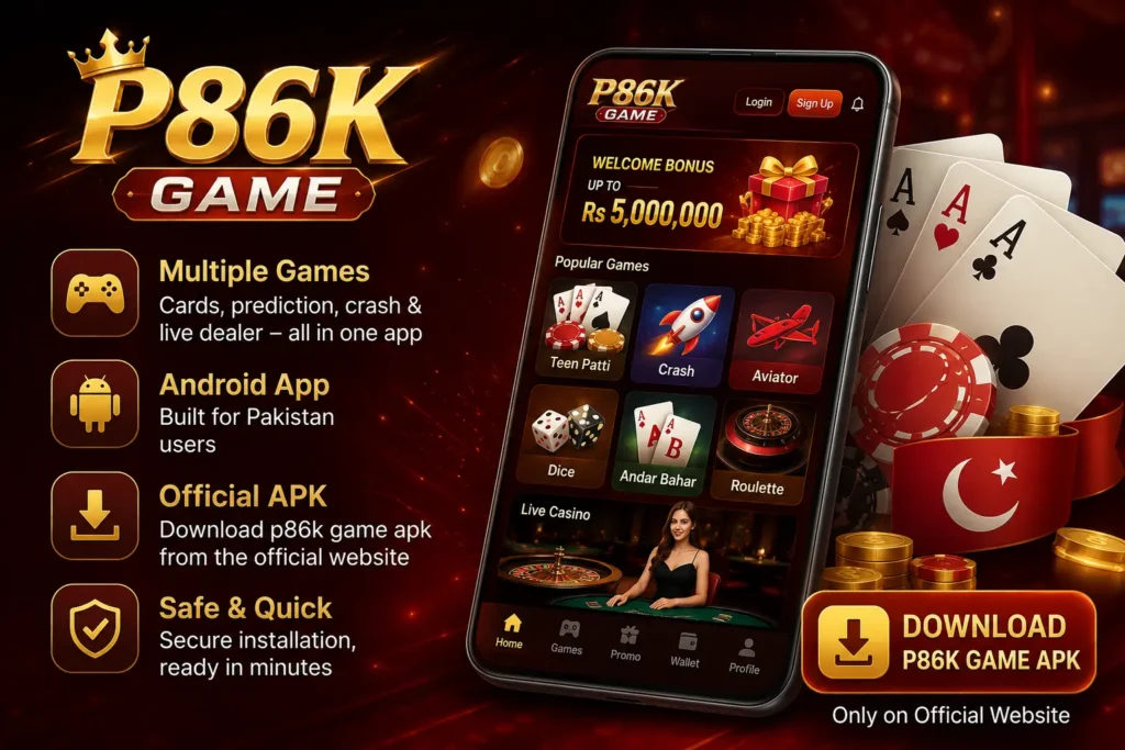 P86K Game app interface on Android smartphone showing Teen Patti Crash Aviator Andar Bahar Roulette and Live Casino with welcome bonus up to Rs 5000000 for Pakistani users