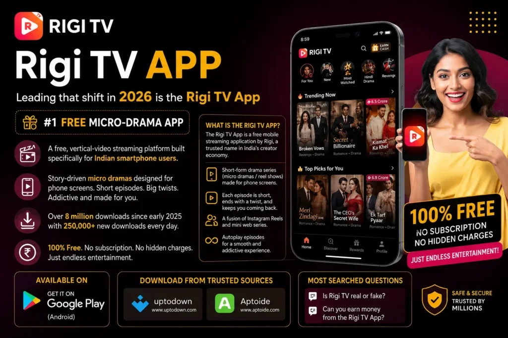 Rigi TV App 2026 infographic showing number one free micro drama app with 8 million downloads 250000 daily installs 100 percent free no subscription available on Google Play Uptodown and Aptoide for Android users