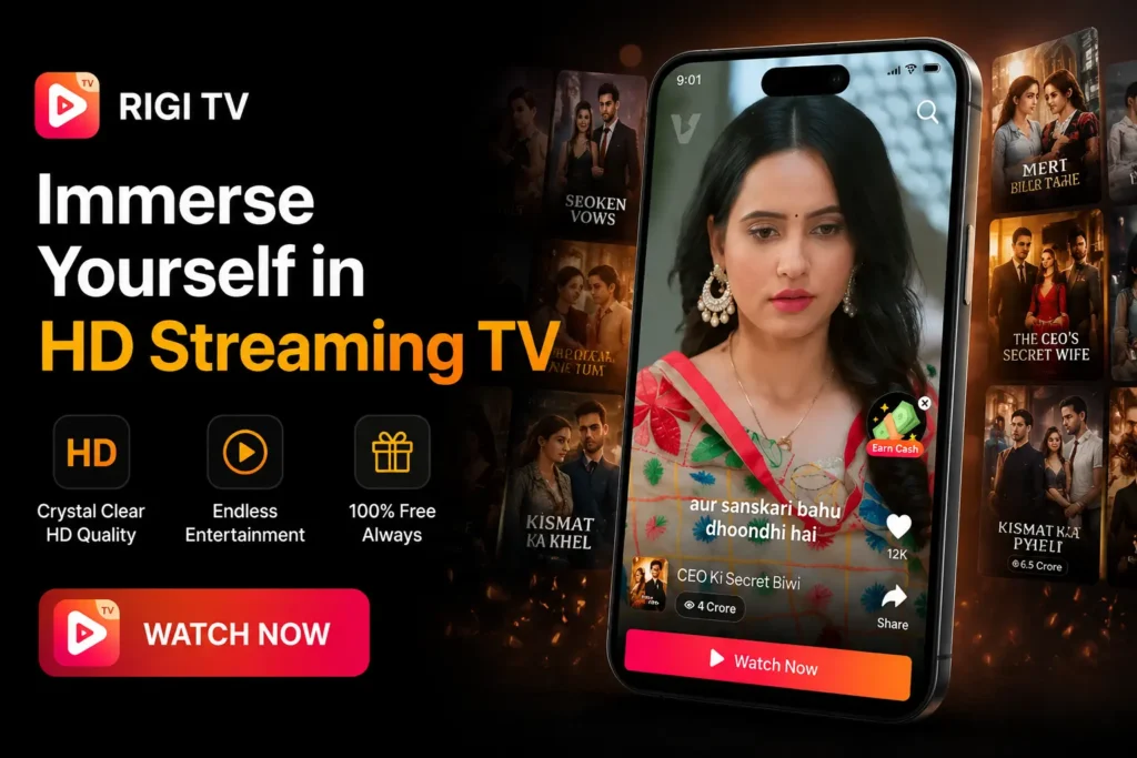 Rigi TV App HD streaming promotional banner showing Indian actress in traditional attire watching CEO Ki Secret Biwi with 4 Crore views on vertical phone screen surrounded by Hindi drama show posters including Kismat Ka Khel and The CEO's Secret Wife