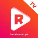 Official Rigi TV App logo featuring bold red R letter inside a white play button arrow on a vibrant pink to orange gradient background with TV badge in the top right corner