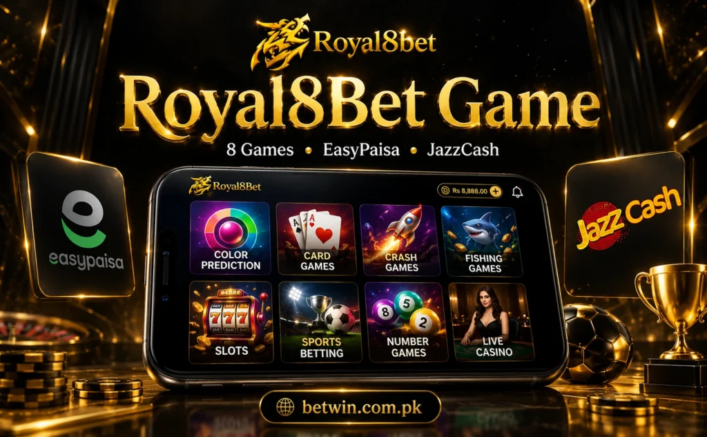 Royal8bet Game mobile screen showing Color Prediction Card Games Crash Fishing Slots Sports Betting Number Games and Live Casino with EasyPaisa and JazzCash