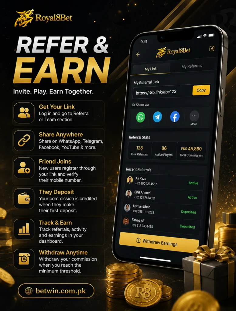 Royal8bet Game refer and earn screen showing 128 referrals 86 active players and PKR 45860 total commission on mobile