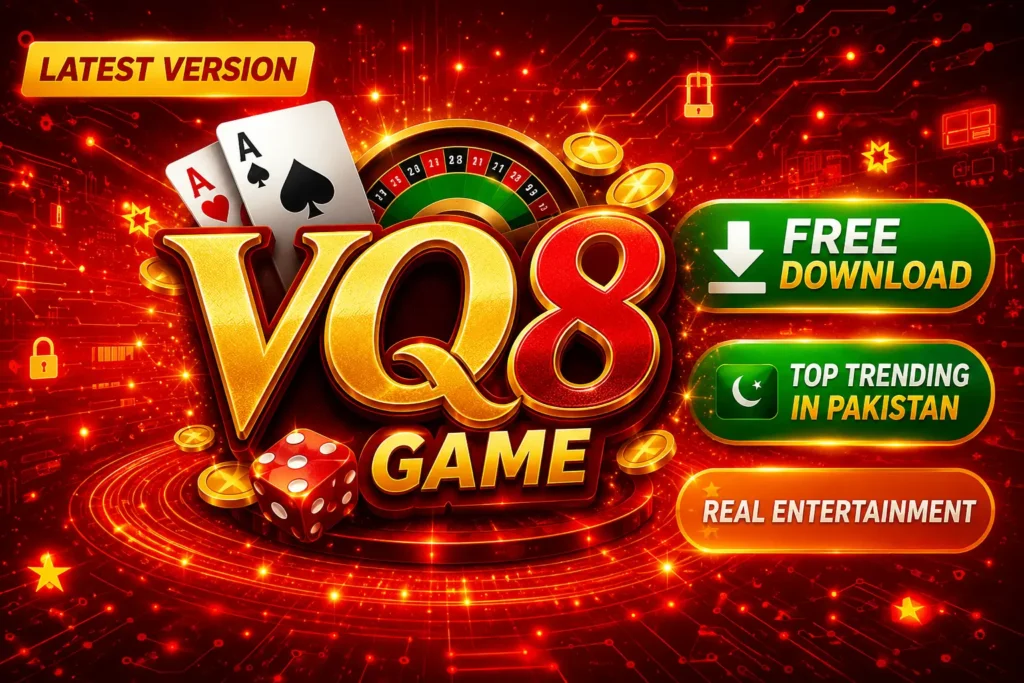 VQ8 Game latest version download banner with roulette wheel, playing cards, red dice and gold coins on a vivid red background — Top Trending in Pakistan, Free Download, Real Entertainment