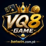 VQ8 Game official logo with gold shield, royal crown, ace playing cards and gold coin on dark navy background — Mobile gaming app by betwin