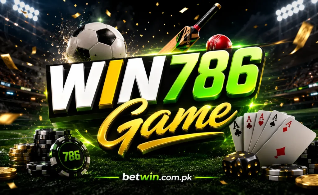 Win786 Game banner with cricket football and poker cards for Pakistani players 2026