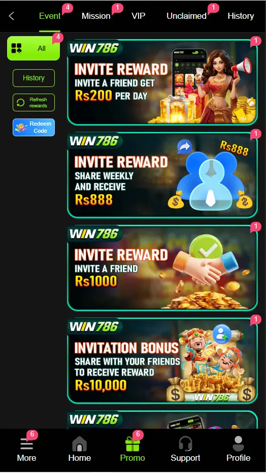 Win786 Game invite reward screen showing referral bonus tiers Pakistan 2026