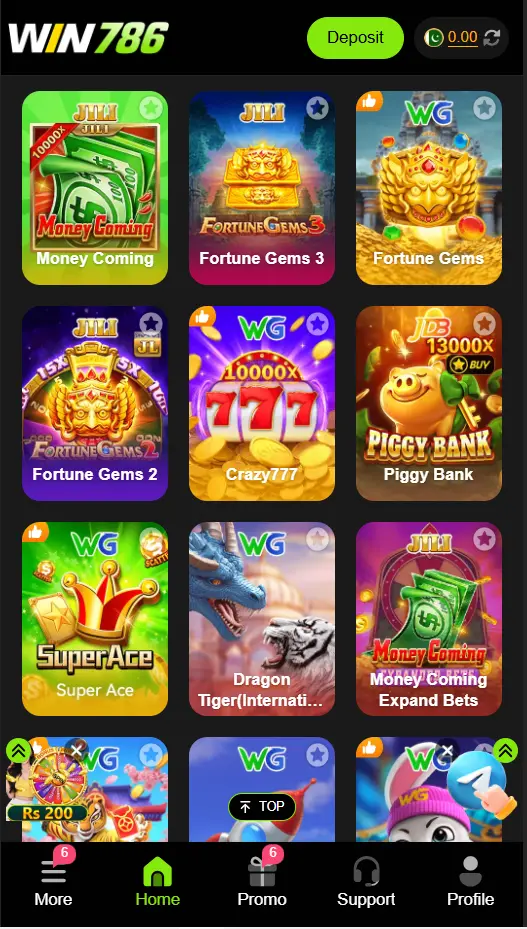 Win786 Game app slots screen showing Jili and WG game library Pakistan 2026