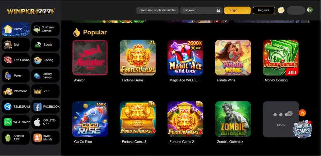 WINPKR 777 Game popular games lobby showing Aviator, Fortune Gems, Magic Ace and more for Pakistani players in 2026