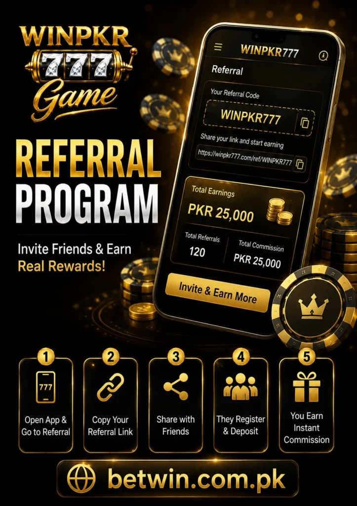 WINPKR 777 Game referral program screen showing PKR 25000 total earnings and 5 steps to invite friends and earn instant commission in Pakistan 2026