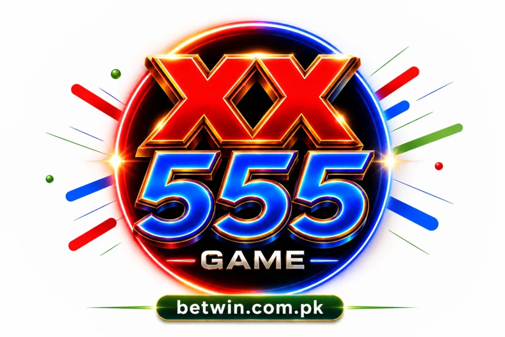 XX555 Game logo featuring a neon red and blue gaming emblem with premium branding design for mobile gaming and entertainment platforms