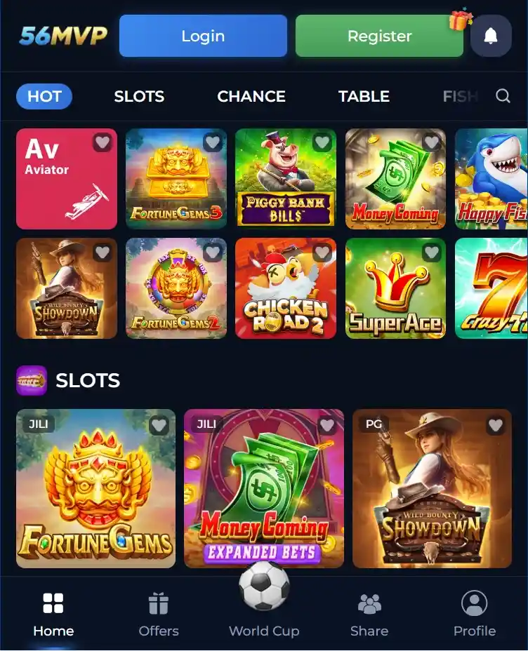 56mvp game home screen showing Aviator, Fortune Gems, Piggy Bank Bills, Money Coming and Chicken Road 2 slots, available for Pakistani players in 2026