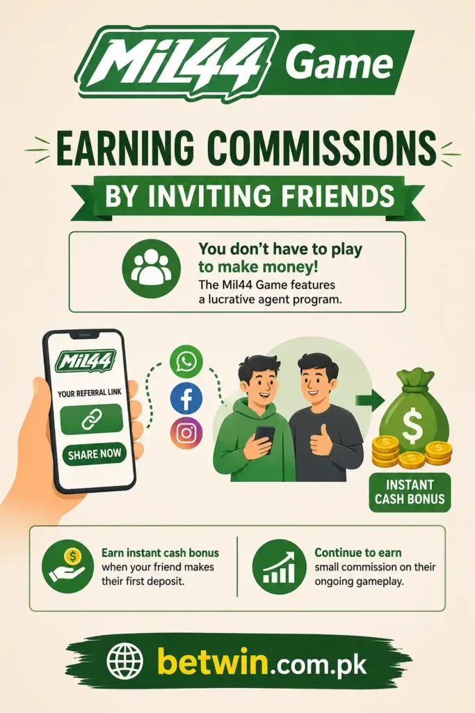 MIL44 Game referral program infographic showing how to earn commission by inviting friends in Pakistan