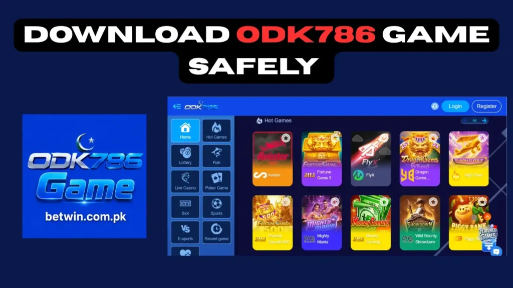 ODK786 game app download banner showing the user interface, navigation menu, and hot games like Aviator and Fortune Gems 3.