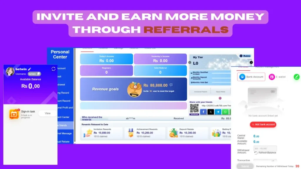 ODK786 game referral dashboard showing daily earnings, revenue goals, invitation rewards, and bank account integration options.