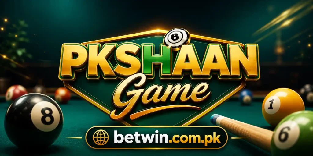 PKSHAAN Game 8 ball pool app logo with billiard balls and cue stick on green table Pakistan