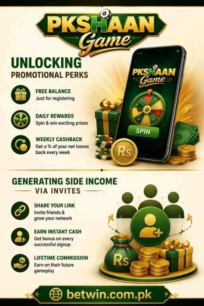 PKSHAAN Game promotional perks and referral earning system with spin wheel and coins on phone screen