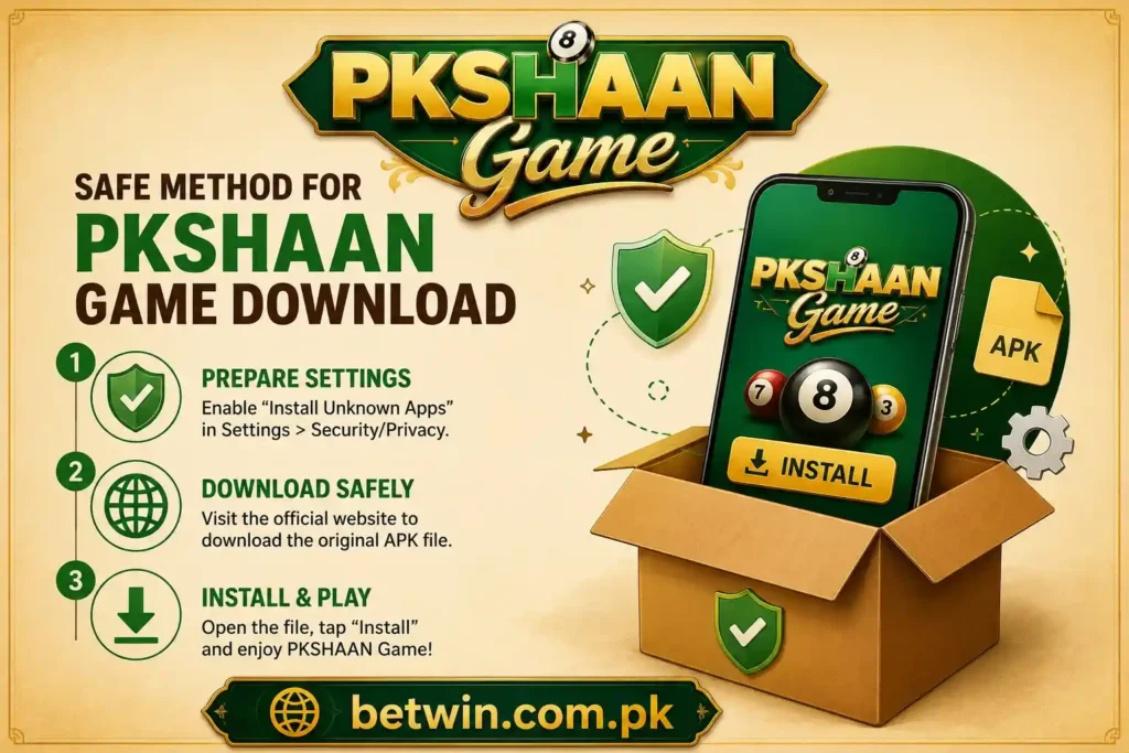Three step safe installation guide for PKSHAAN Game showing phone with install button and APK box